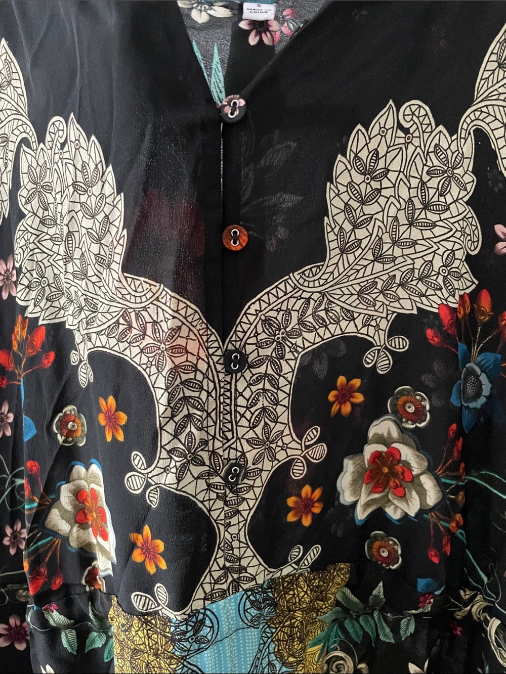 Johnny Was Black Floral Button-Front maxi dress with Teal & Coral Embroidery - Picture 3 of 6